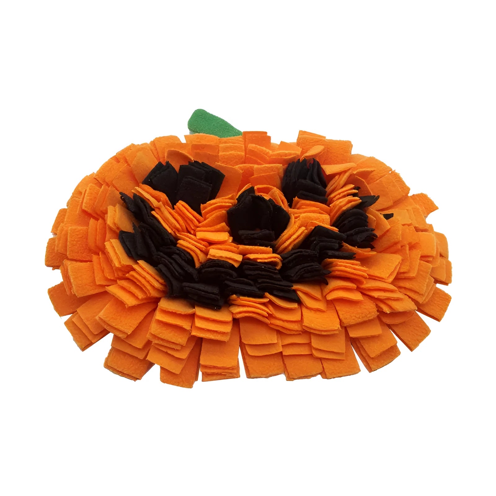 Orange pumpkin-shaped pet sniffing mat with soft fur fabric, 30cm diameter, on a wooden floor