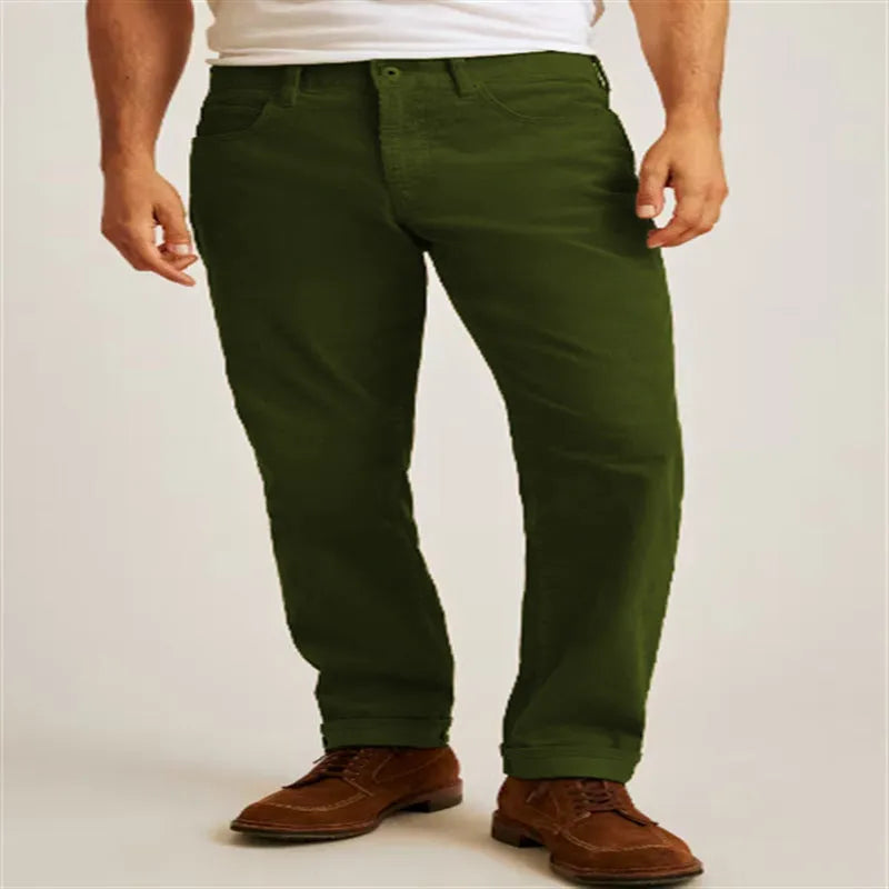 Cotton blend corduroy straight-leg trousers in green, army green, white, and khaki colours
