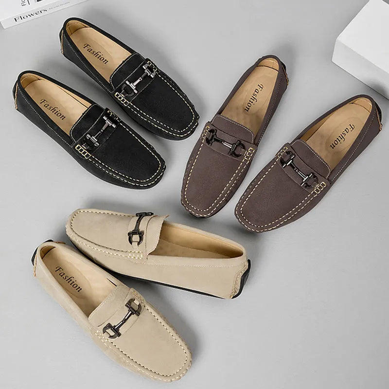 Men's round-toe cowhide leather lazy doug casual shoes in black, brown, and beige on a plain background
