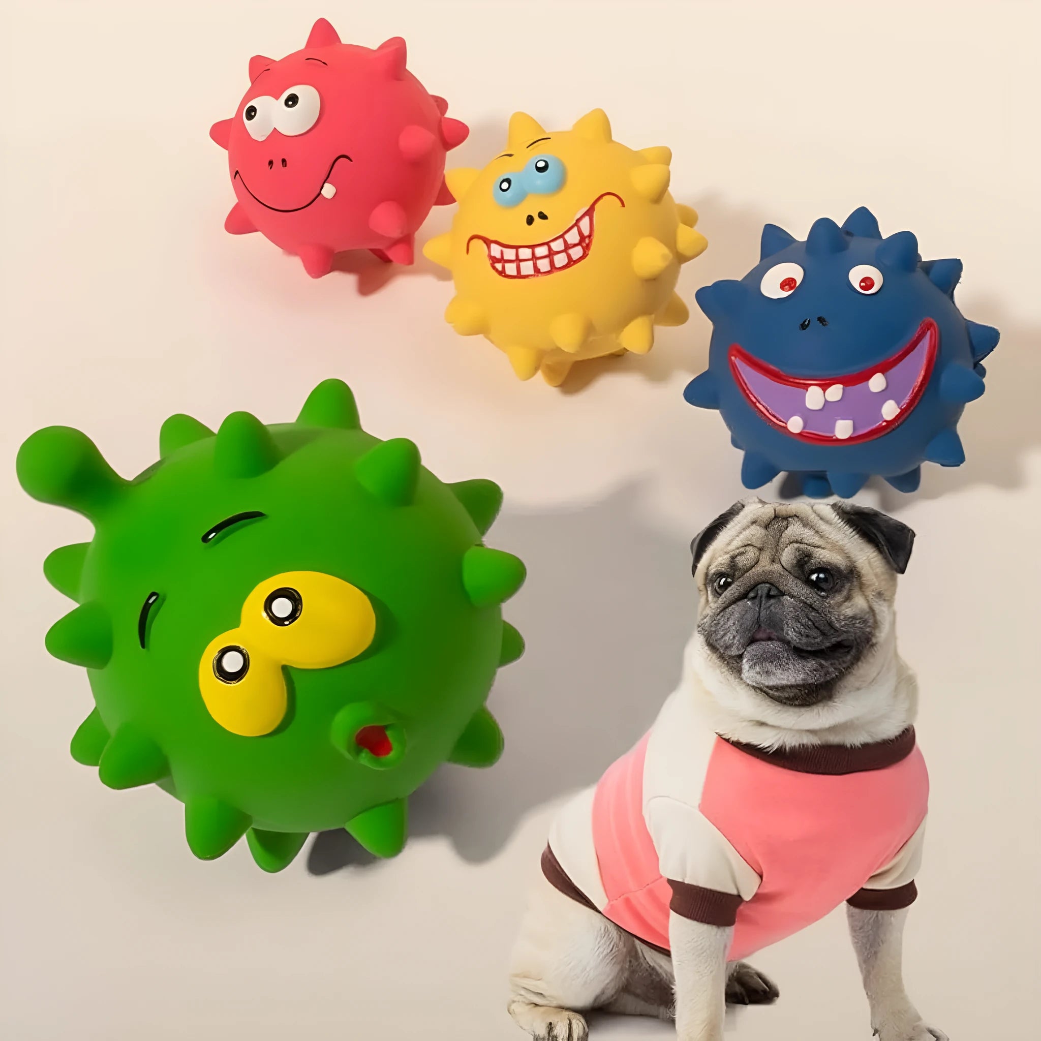 Set of four coloured natural latex squeaky dog balls with cute faces and textured surfaces