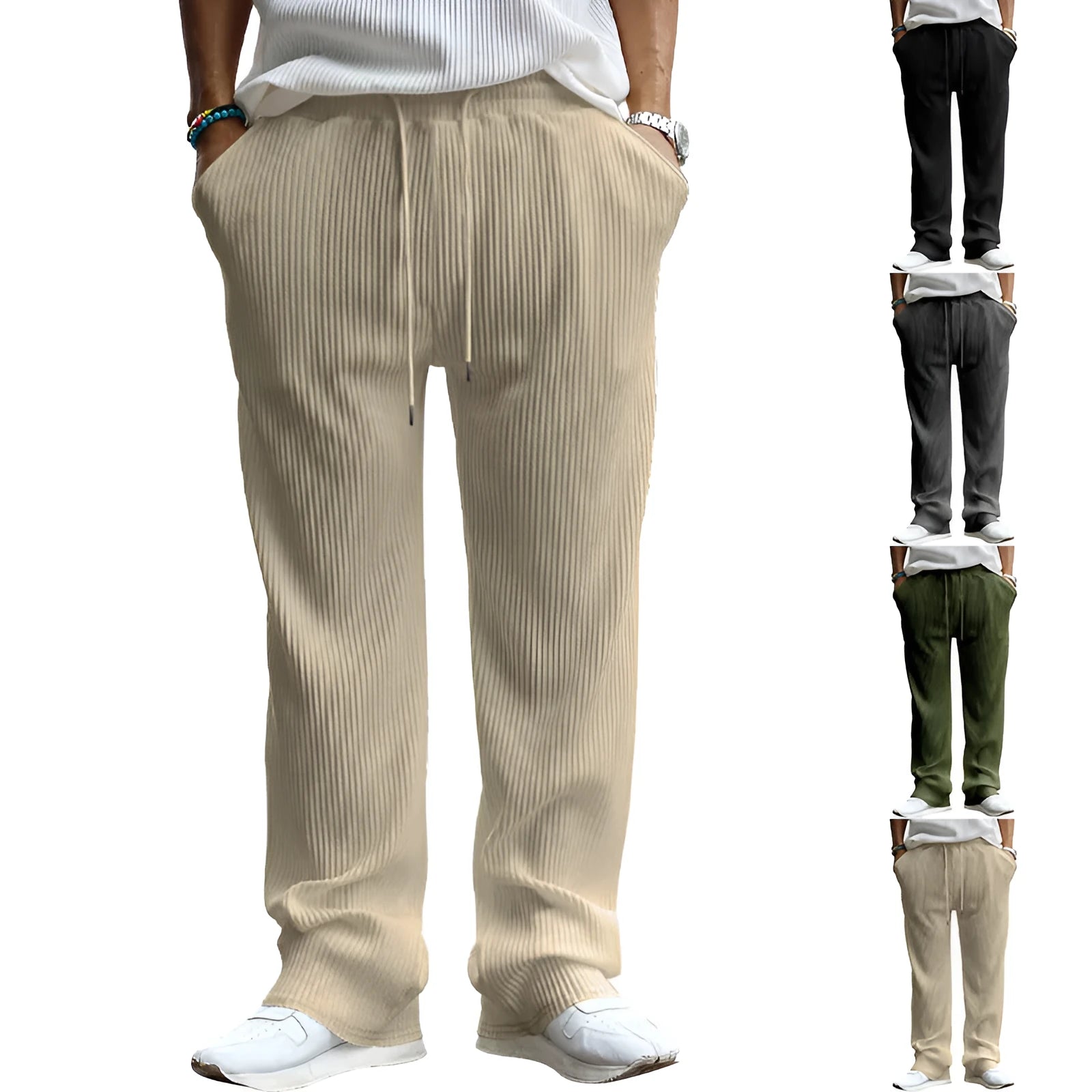 Men's casual high waist straight trousers in striped polyester with loose fit and elastic elements