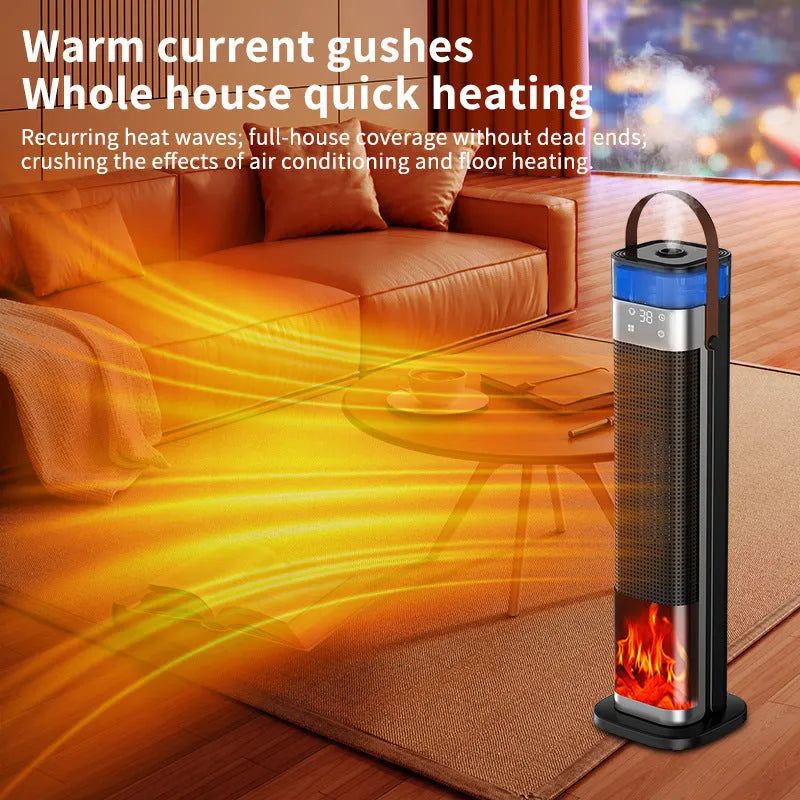 Vertical column heater with humidifier and voice control remote, dimensions 16cm by 16cm by 52.6cm.