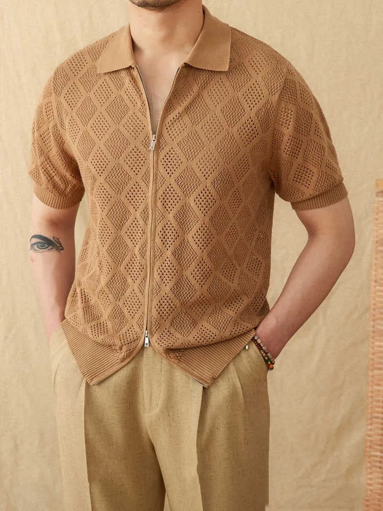 Men's light brown cotton short sleeve cardigan with lapel collar and front zipper
