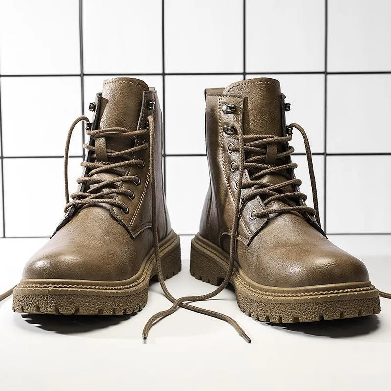 High-top winter boots in black with thick bottom, front lace-up, PU upper, rubber sole, and leather-stitch detailing