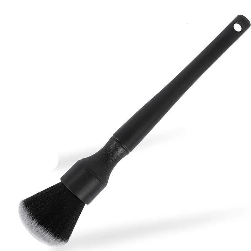 Black car detailing brush with pig hair bristles shown in two size options for interior cleaning