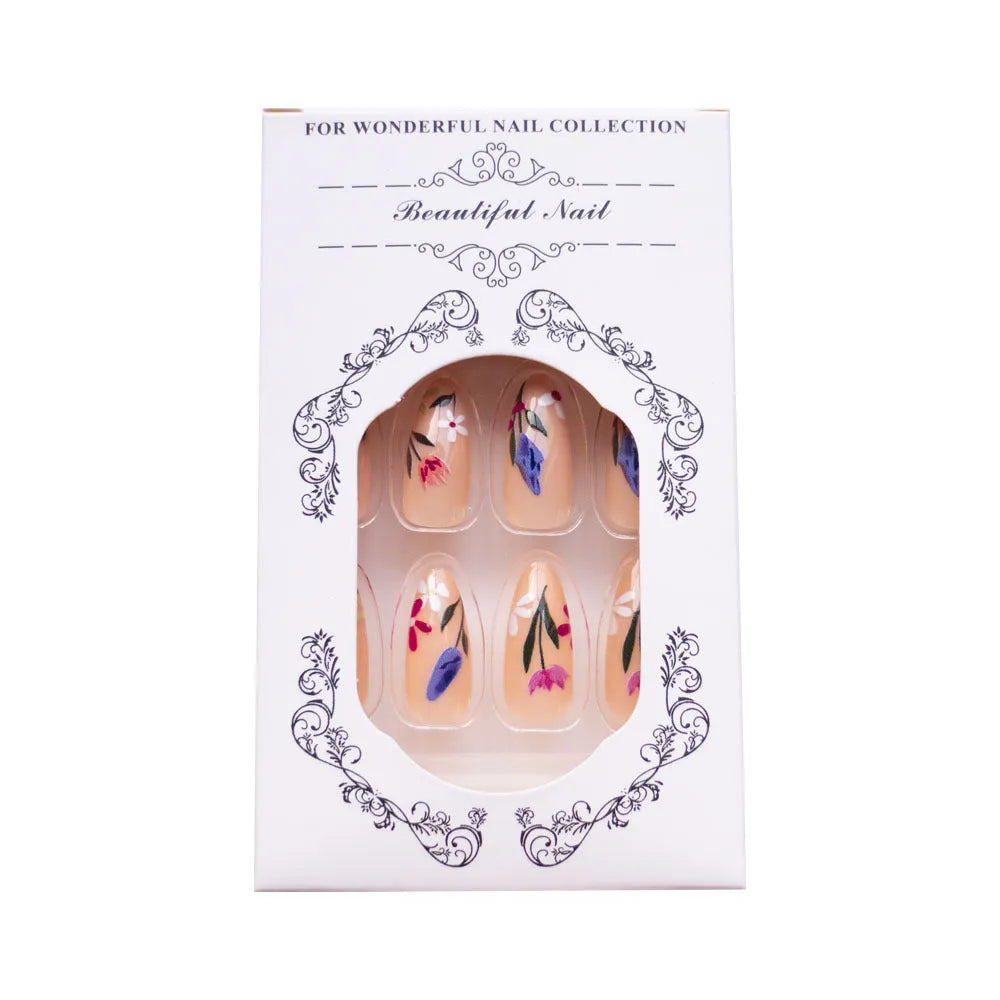 Almond-shaped removable wearable nail art set with rose and tulip flower patterns in solid colour