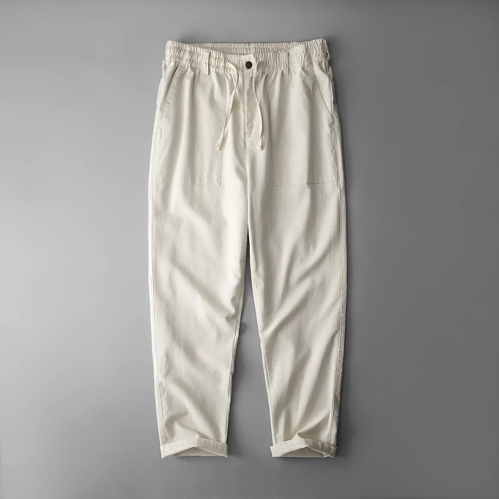 Men's linen casual trousers in solid colour with mid-waist styling and full length