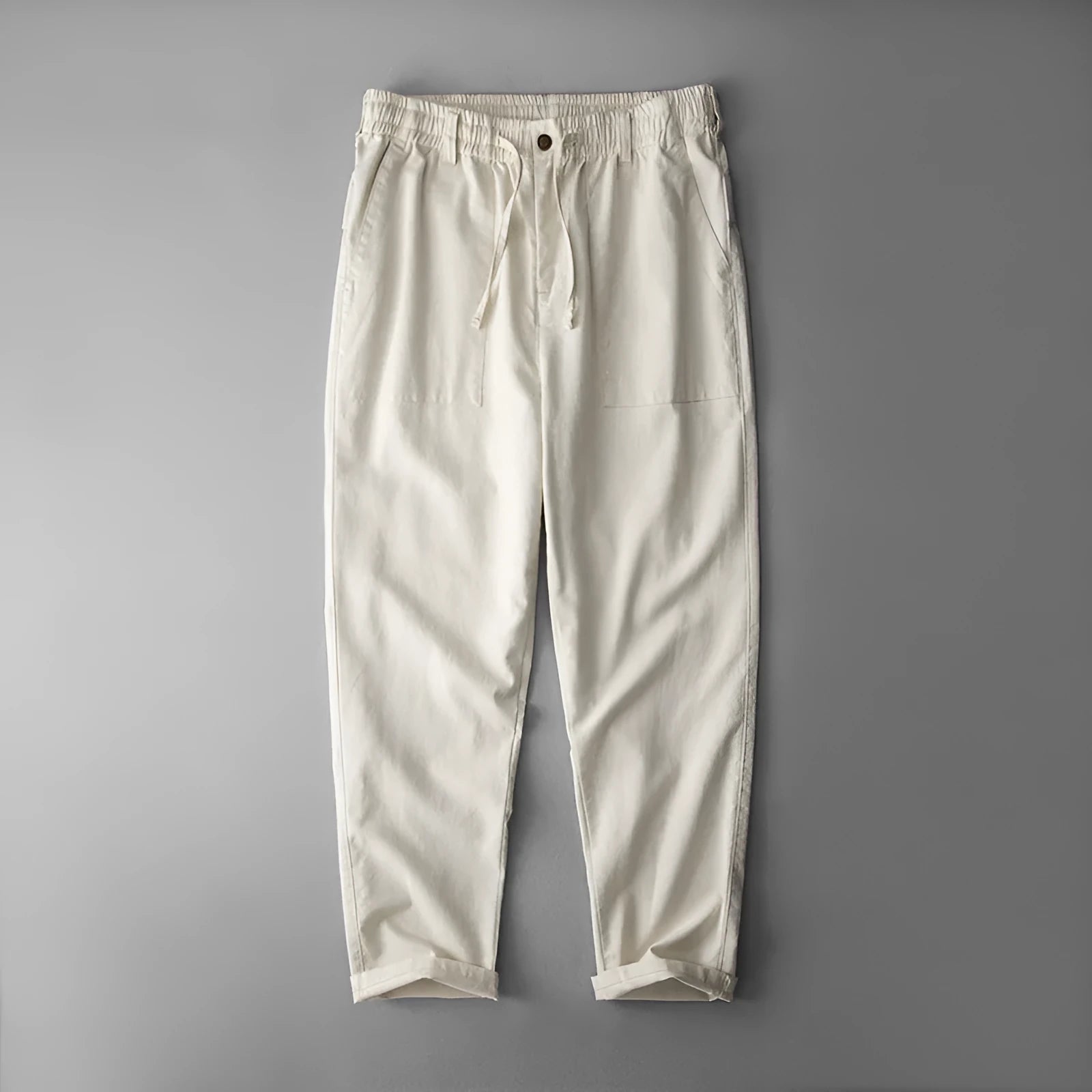 Men's linen casual trousers in solid colour with mid-waist styling and full length