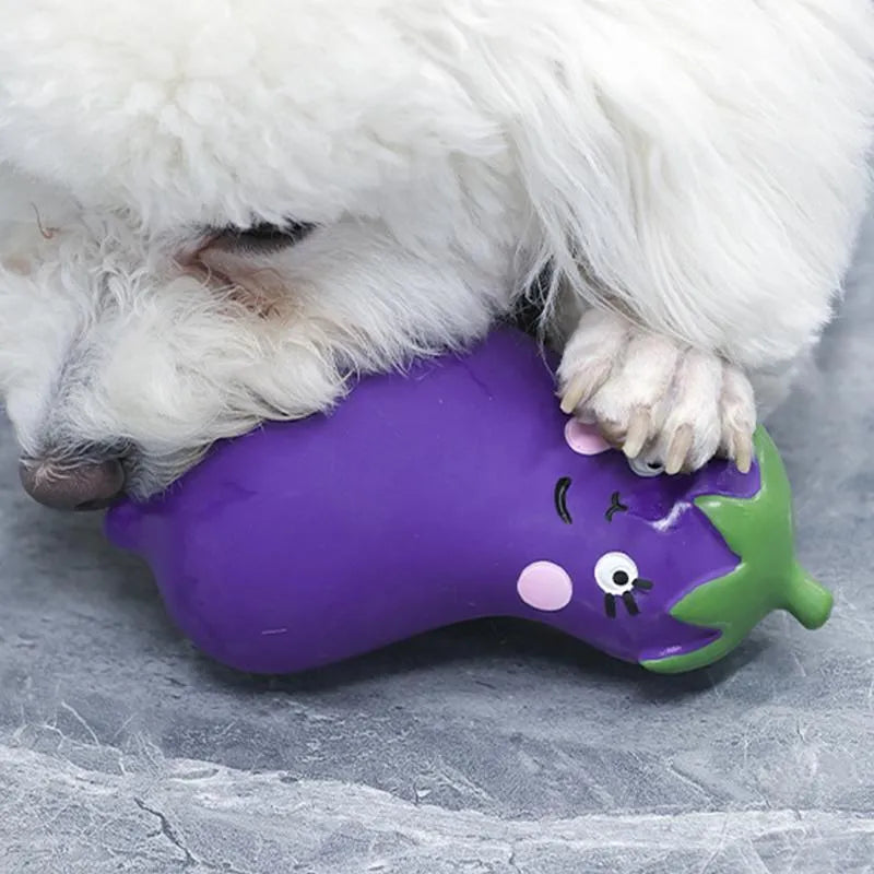 Cute latex vegetable dog chew toy shaped like onion and eggplant, green colour, 7x5x13cm.