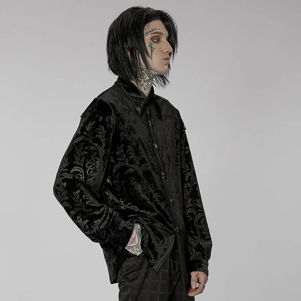 Gothic court college style velvet men's shirt in black with pointed collar and long sleeves