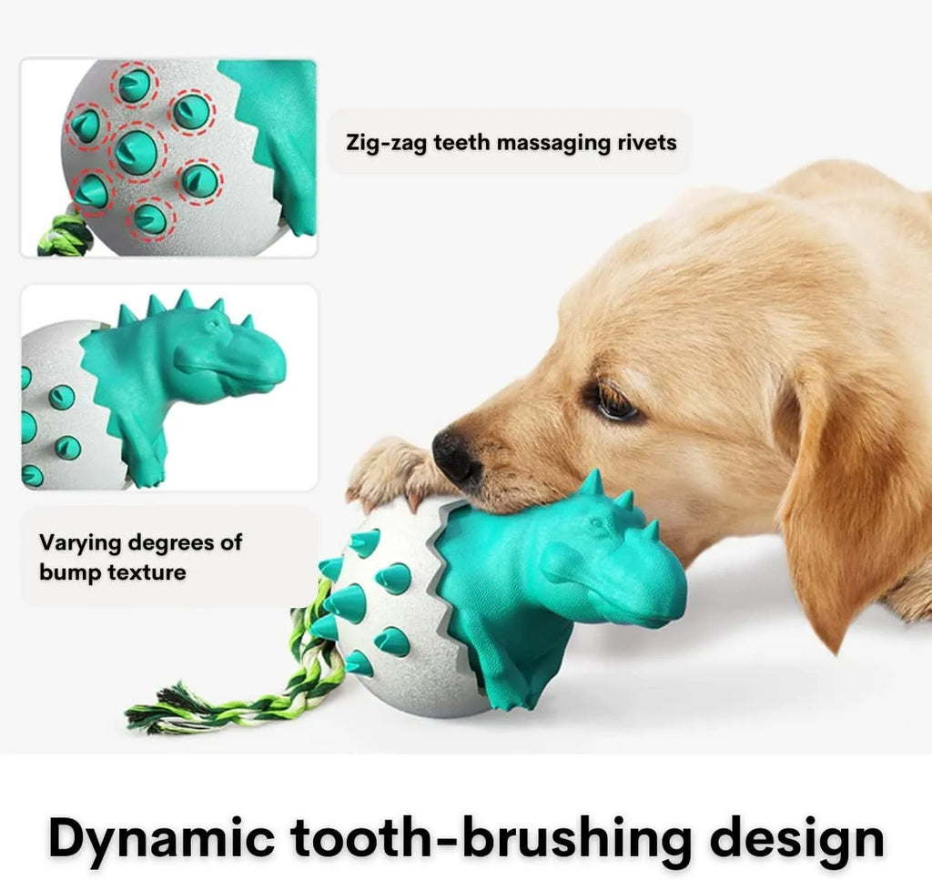 Blue dinosaur-shaped durable rubber dog chew toy with a knotted rope centre for aggressive chewers.