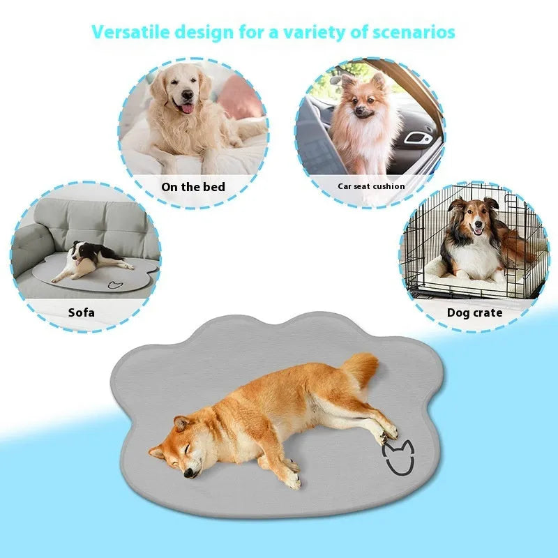 Dog head-shaped ice silk cooling mat for pets in light grey, available in multiple sizes.