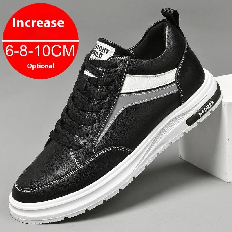 Men's height increase casual sneakers with hidden elevator insole, microfiber upper, lace-up closure, round toe