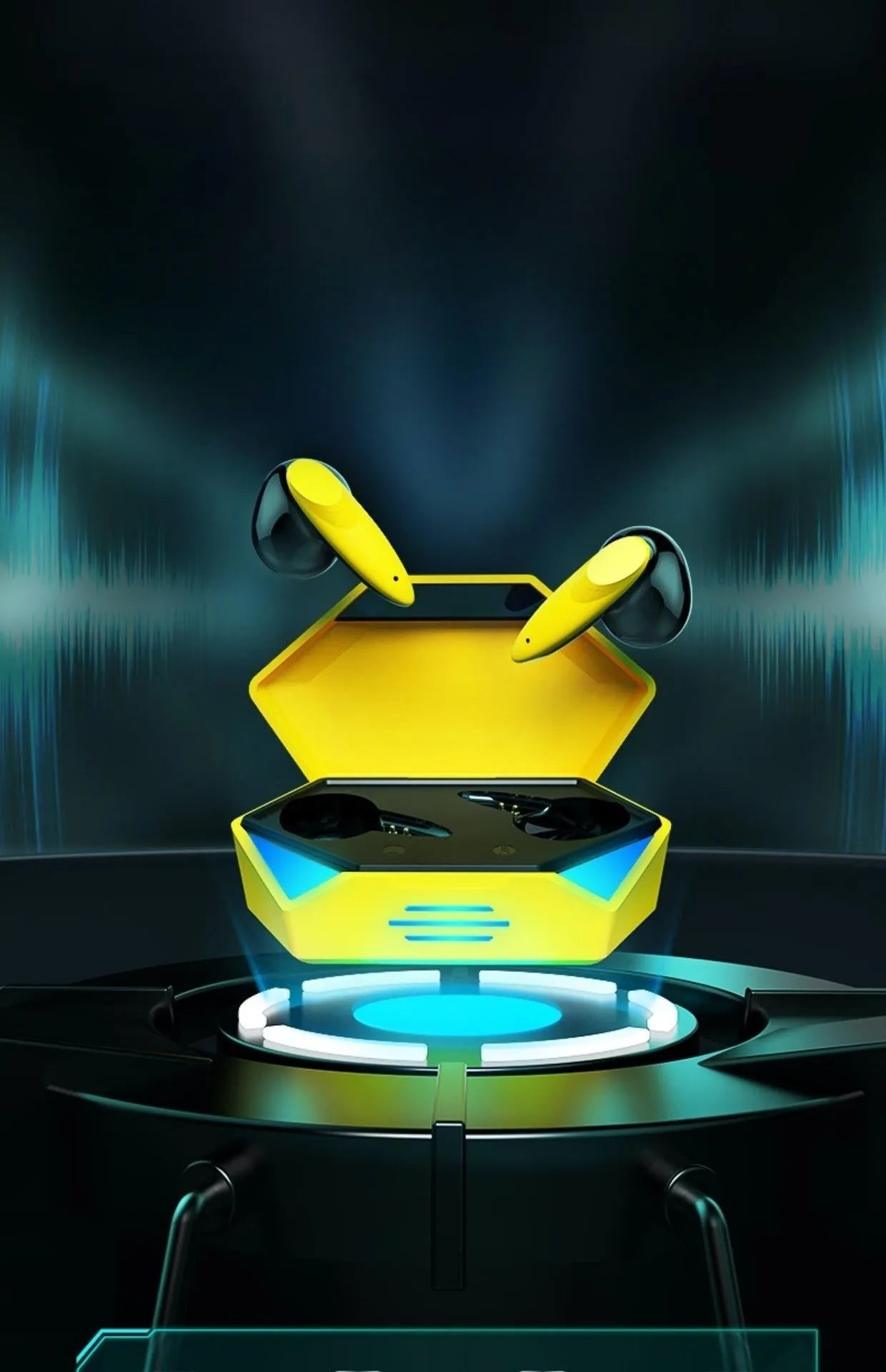 G20 wireless Bluetooth TWS headset in yellow with charging compartment on white background