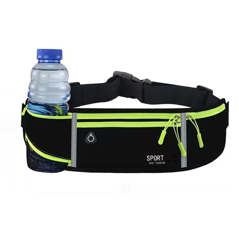 Waterproof Oxford cloth running belt bag in black with multiple pockets and waist strap
