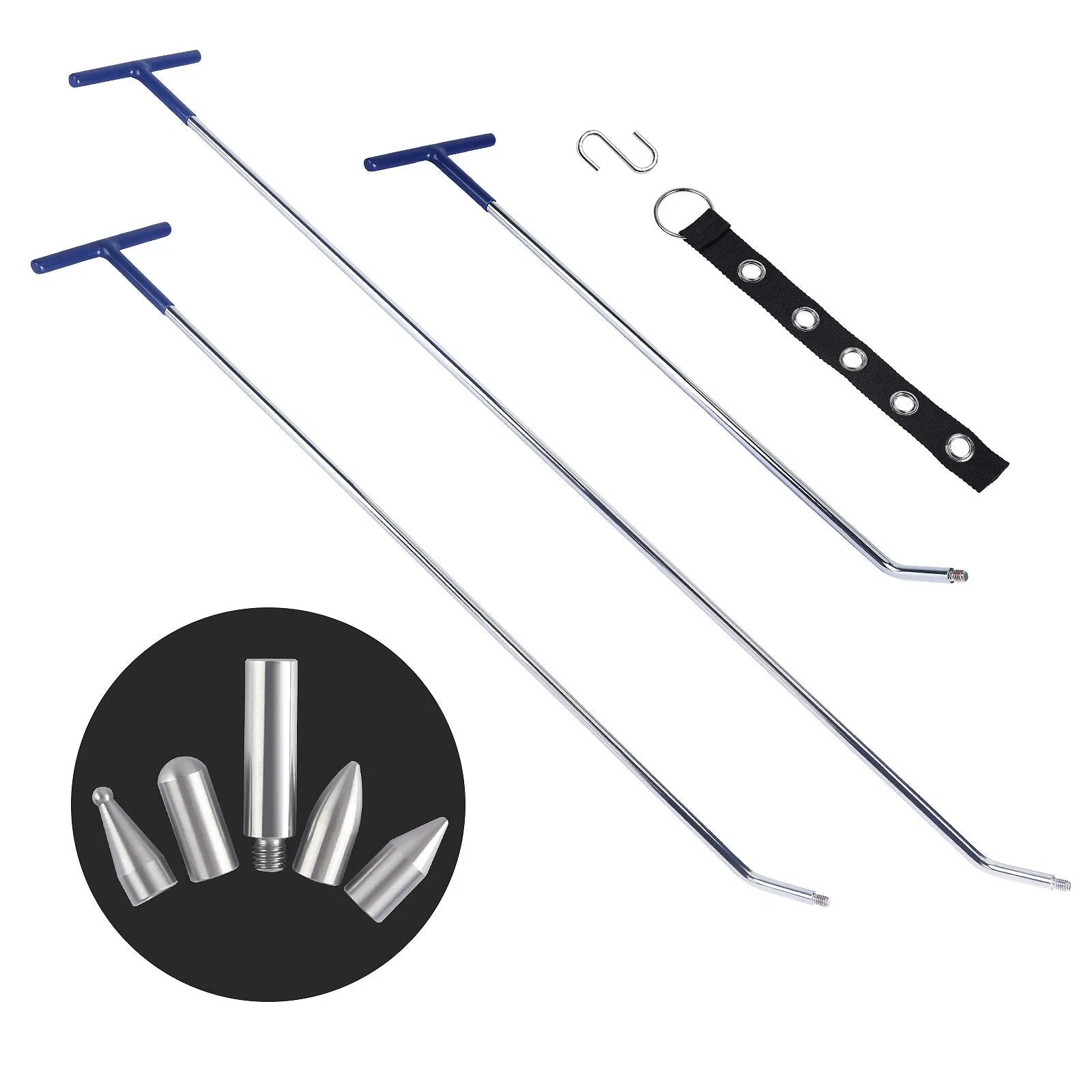 Three alloy steel car dent repair hook crowbars for vehicle body panel maintenance work