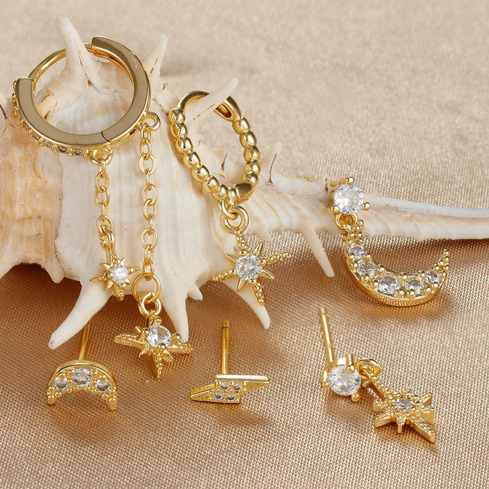 XINGX Six Mans gold electroplated chain tassel earrings six-piece set with zircon studs