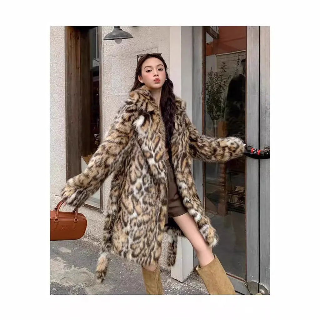 Women's artificial faux fur street-fashion coat with detachable fur collar