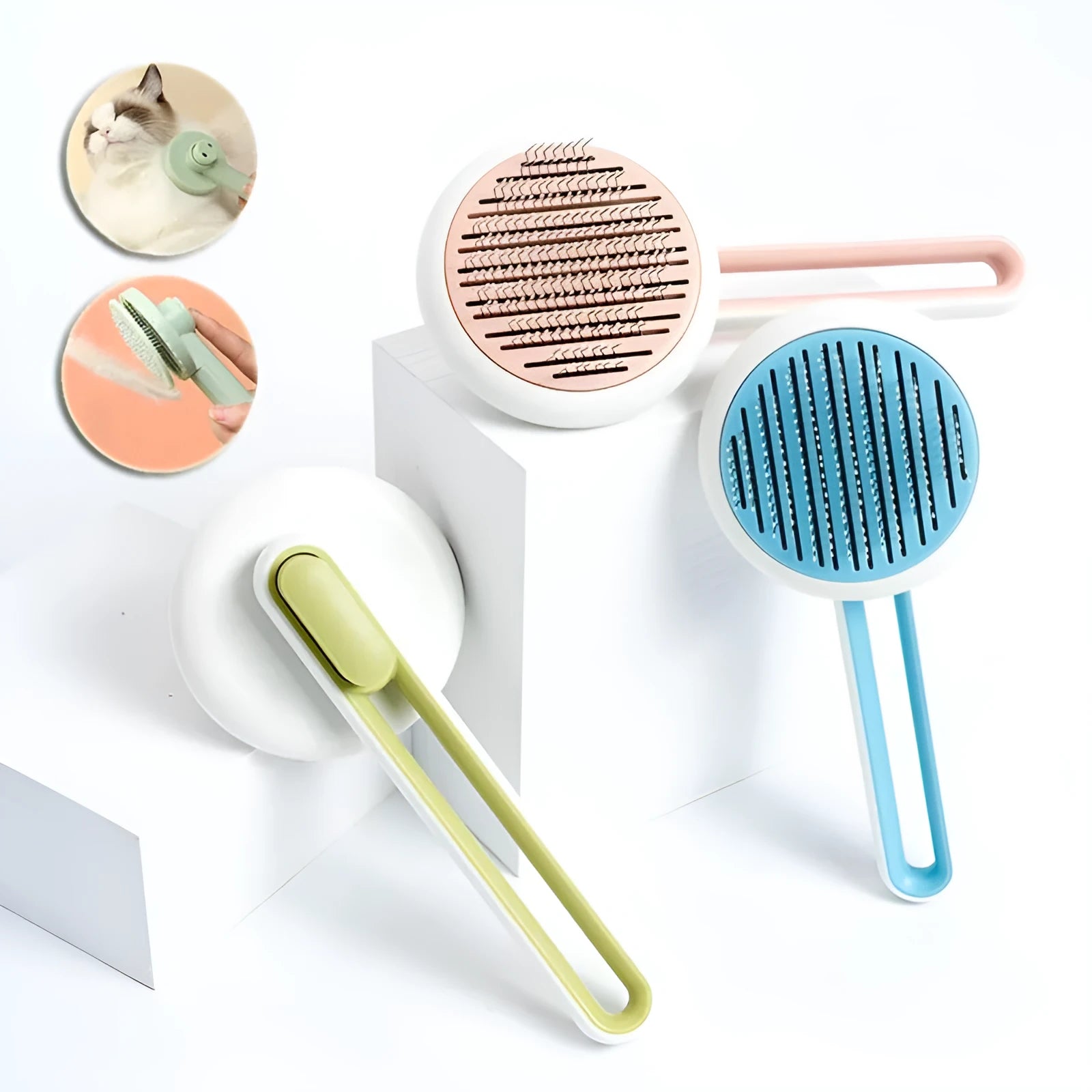 Round pet grooming brush with stainless steel pins and button hair release, blue colour