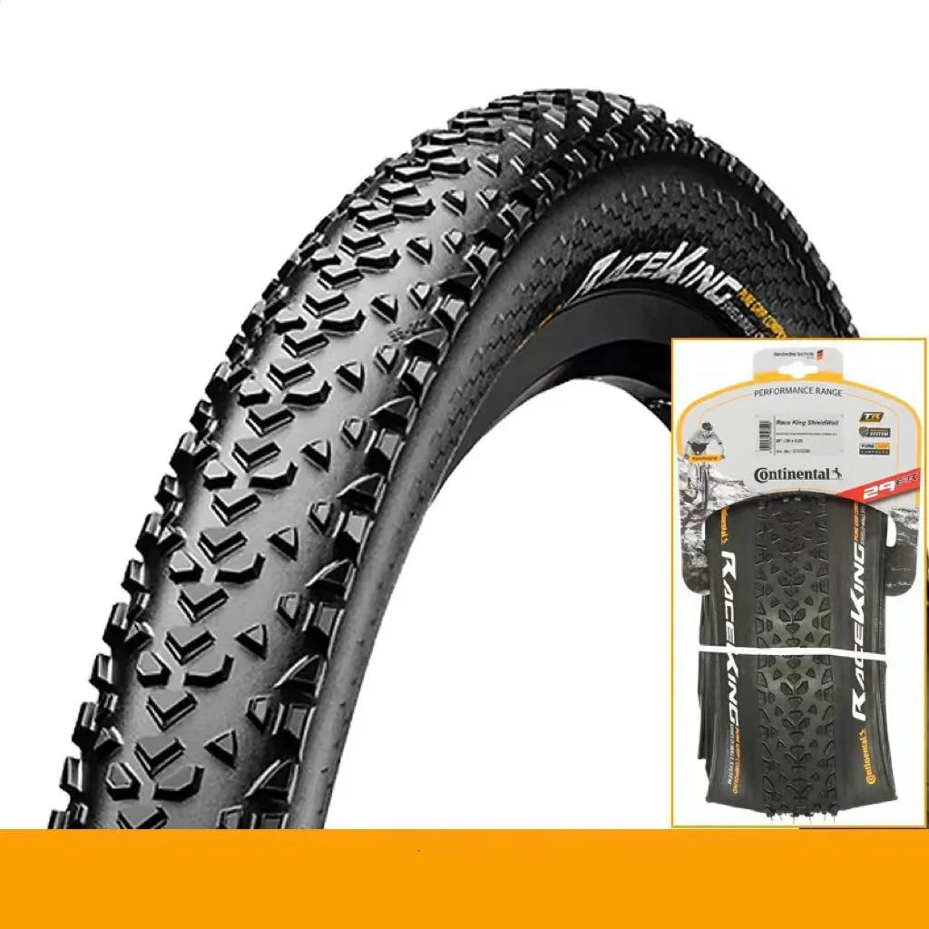 Mountain bike folding tyre showing tread pattern and sidewall with size specifications visible