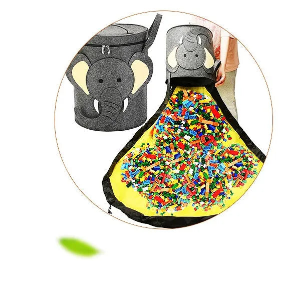 Green felt cube storage bag with pull rope shown as toy organiser and unfolded play mat