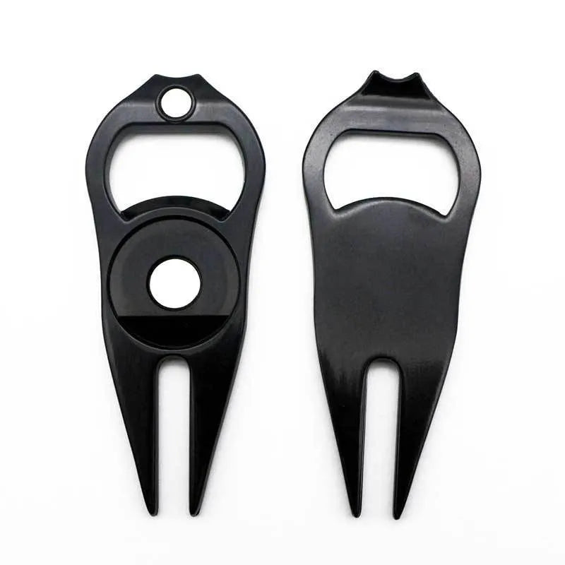 Zinc alloy golf ball fork bottle opener tool in black, green or silver with 88mm length