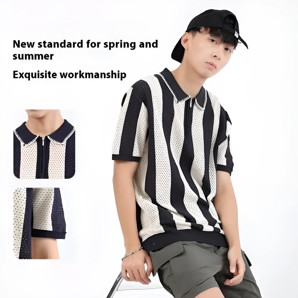 Men's black and white striped short sleeve sweater with zip detail on a hanger