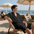 Men's linen long sleeve shirt and shorts beach suit set in light blue colour