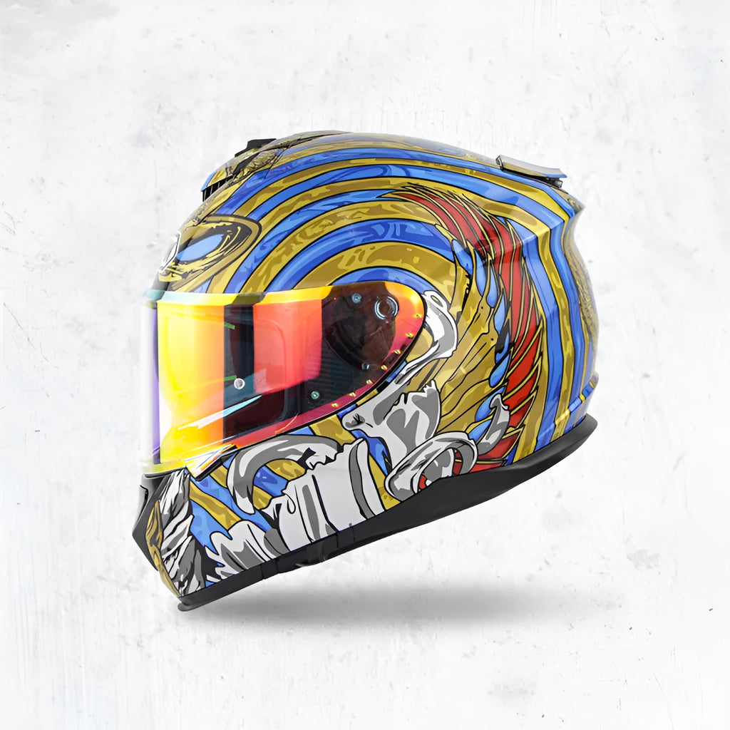 Motorcycle full face helmet with double lens and ABD material in Python colour with REVO red visor