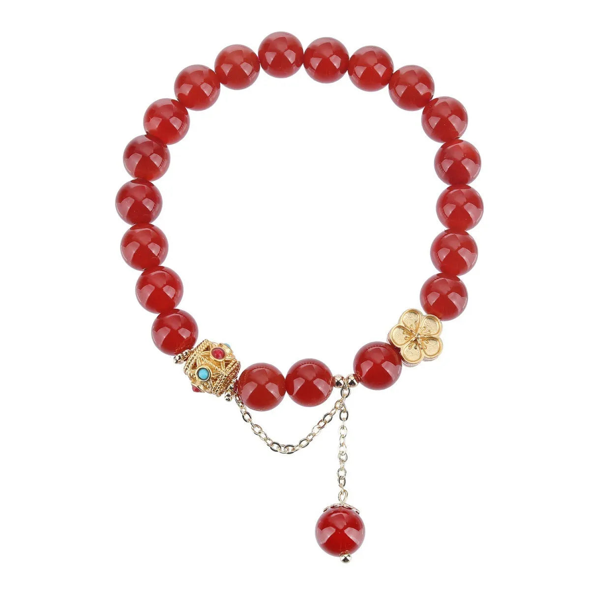 Natural agate bracelet with 8mm beads and peach blossom copper parts for women