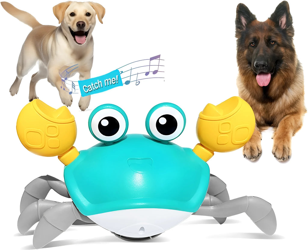 Blue electronic crab dog toy with obstacle avoidance sensors crawling on floor