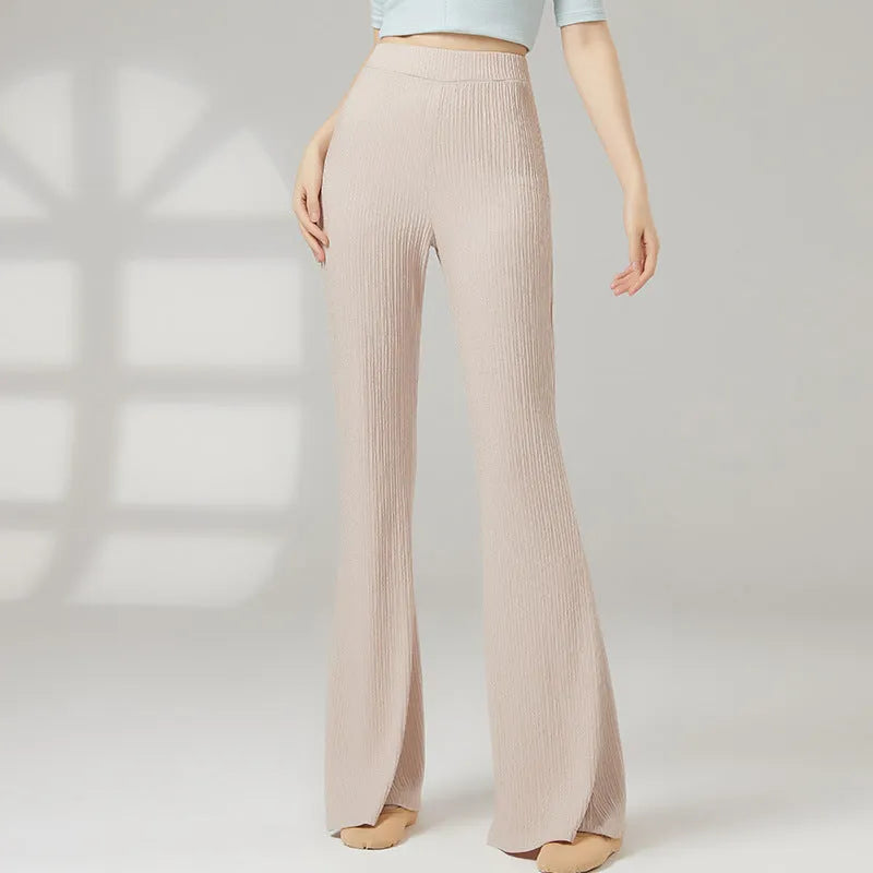 Close-up of solid colour polyester dance practice trousers for women, showing the form-fitting fit.