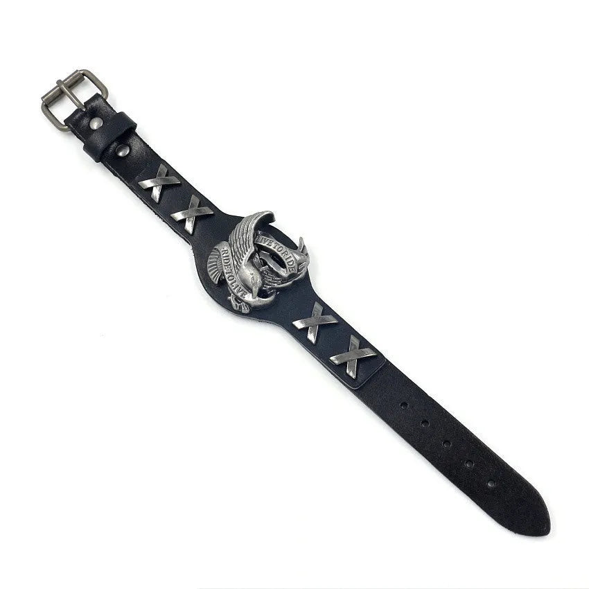 Black leather geometric eagle watch-bottom bracelet with 26cm length and unisex European American style design