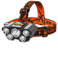 A PVC-built, head-mounted 10W LED miner's lamp with adjustable strap, shown with its USB charging cable and colour box packaging.