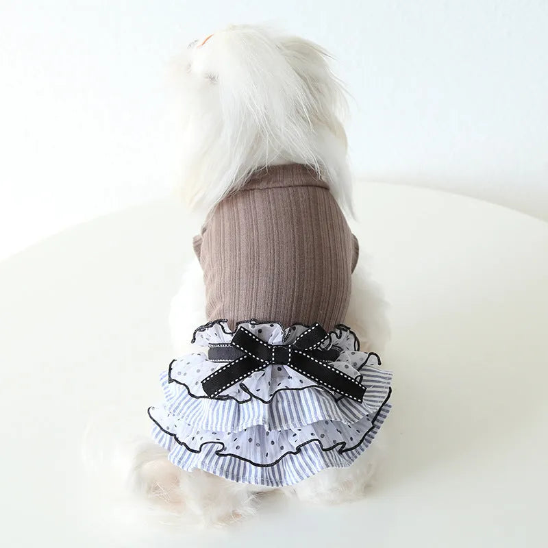 Polka dot lace cake pet dress for small dogs and cats in princess style, cloth fabric, taro purple colour