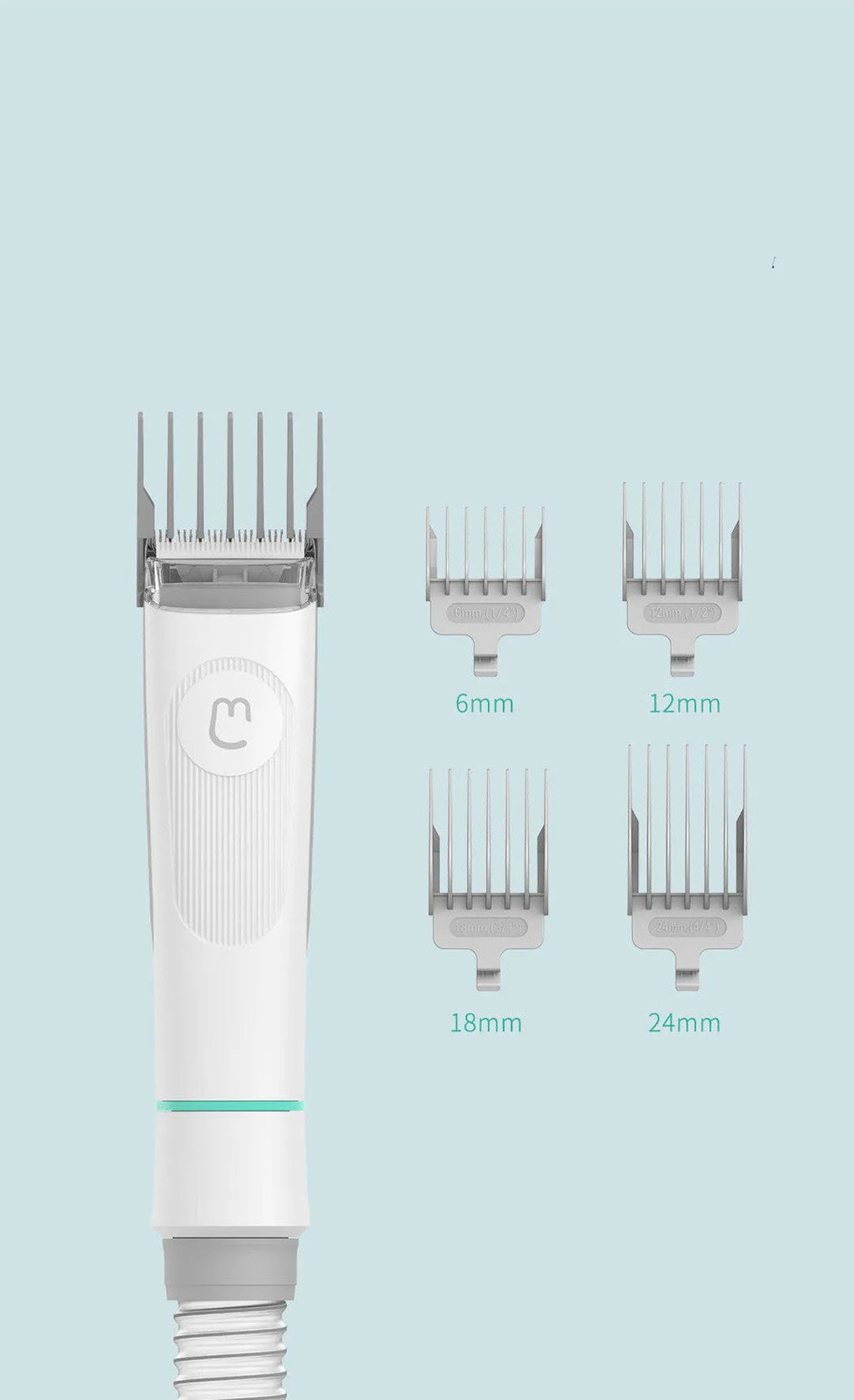 Pet multifunctional grooming clipper with electric scissors, white ABS plastic, includes cleaning brush and combs