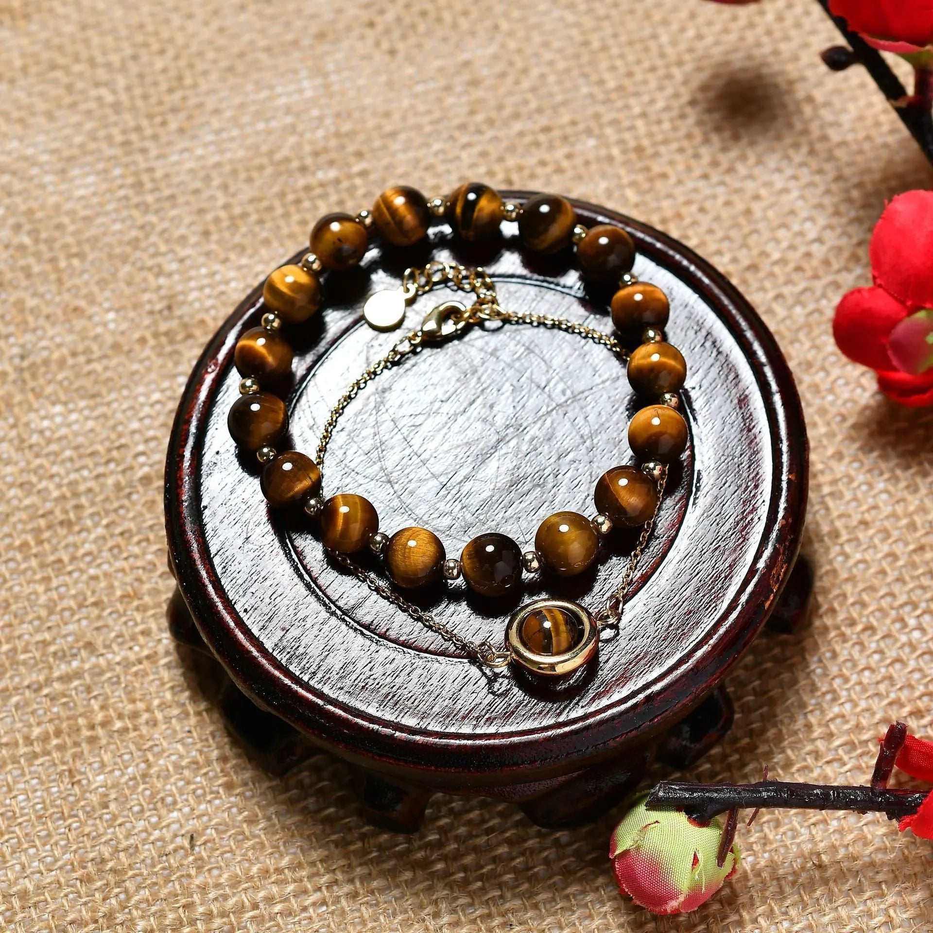 Double-layer strawberry crystal bracelet with lucky beads on copper with electroplated real gold finish