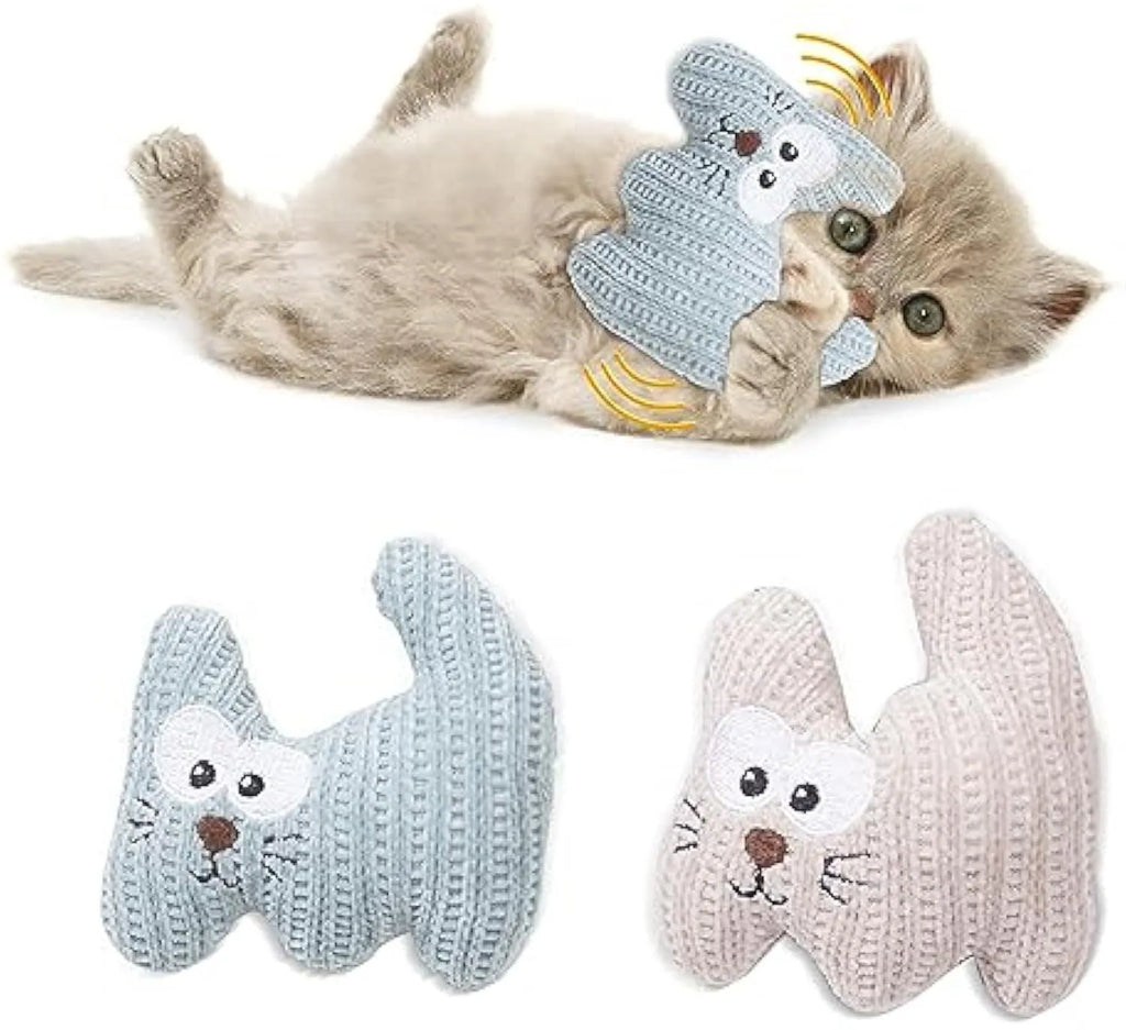 Cyan and light coffee plush cat chew toy with bell and catnip inside