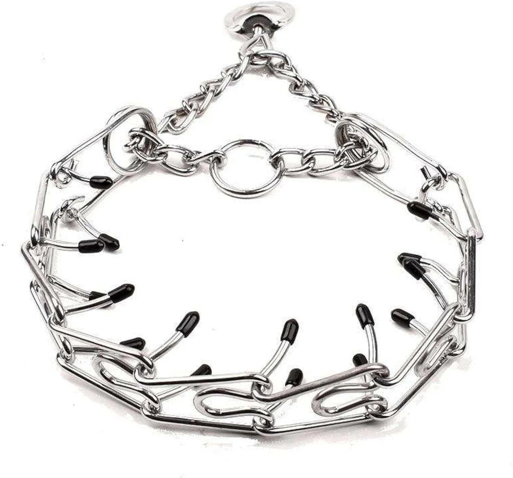 Stainless steel adjustable dog prong training collar with rubber comfort tips on a link.