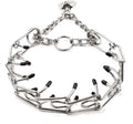 Stainless steel adjustable dog prong training collar with rubber comfort tips on a link.