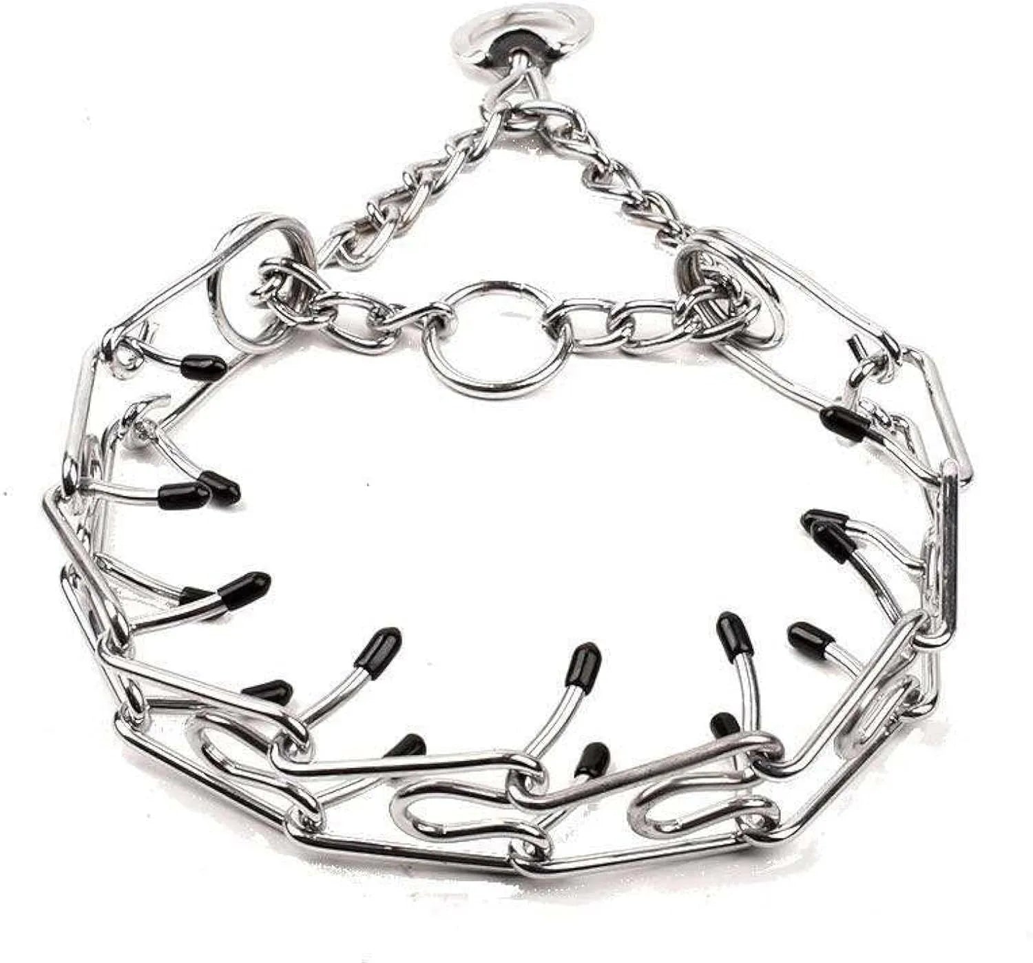 Stainless steel adjustable dog prong training collar with rubber comfort tips on a link.