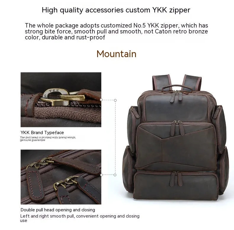Dark brown retro leather backpack for 17-inch laptops with multiple compartments and shoulder straps