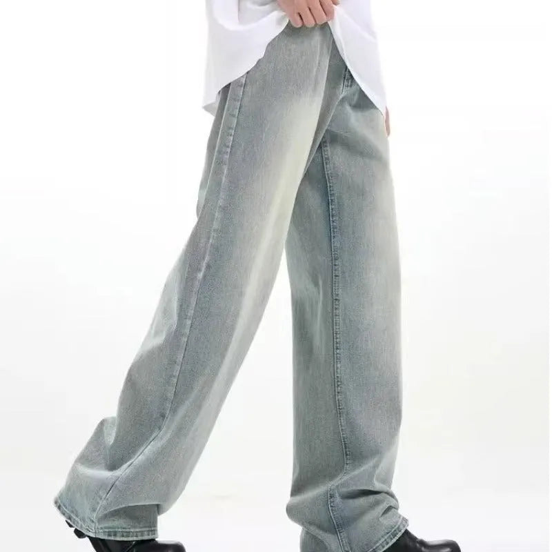 Blue retro-style loose casual trousers made from rabbit fur fabric on a mannequin.