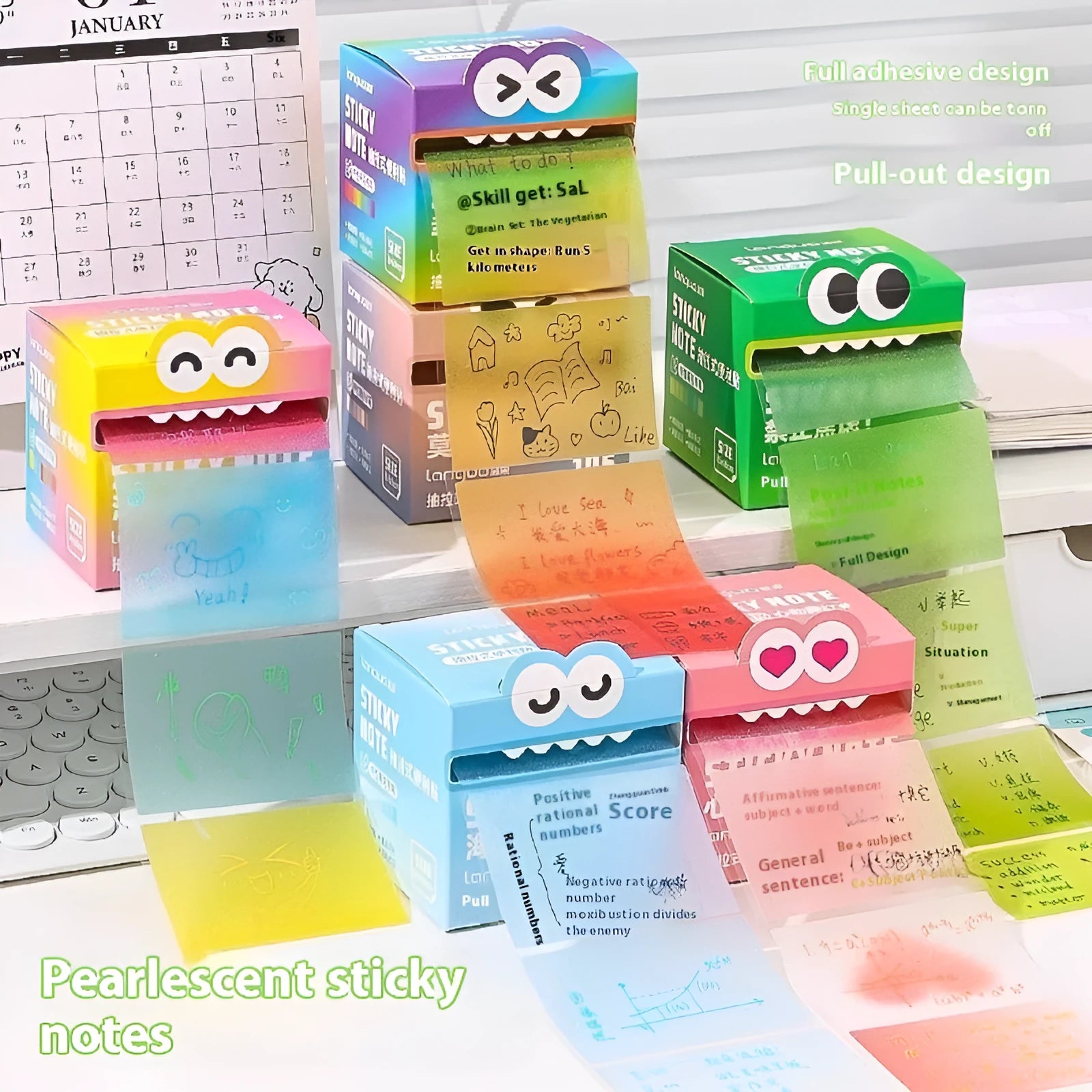 Pearl gradient transparent sticky notes pad with pull-out sheets in six colour theme options