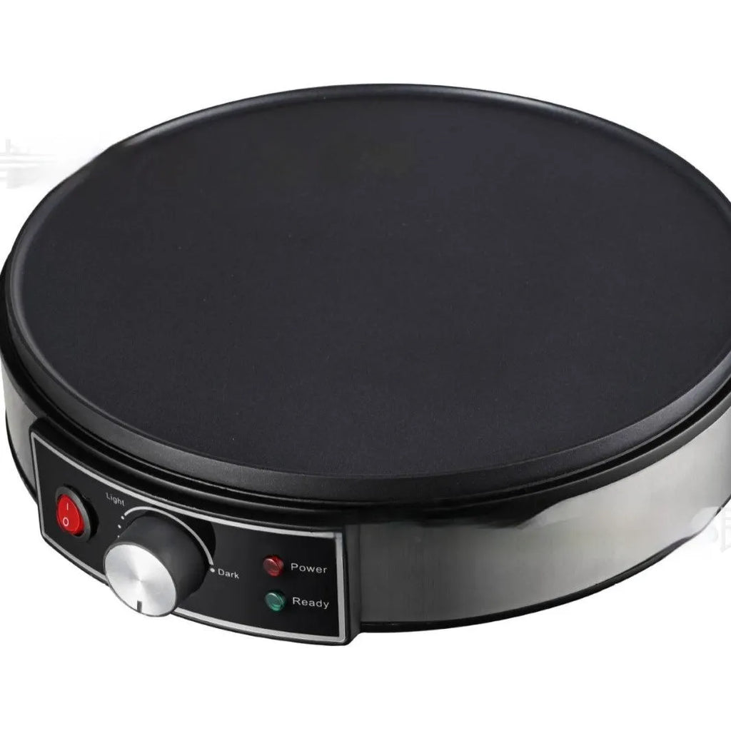 Black electric baking pan with non-stick surface and adjustable temperature knob, 30cm diameter