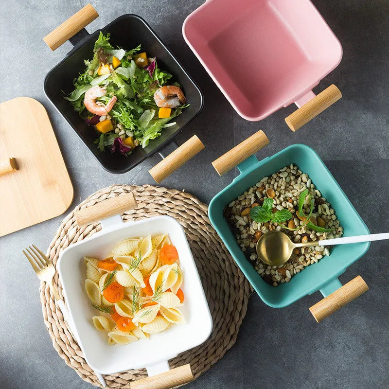 Modern irregular-shaped porcelain ceramic bowl with matching lid in choice of four colours