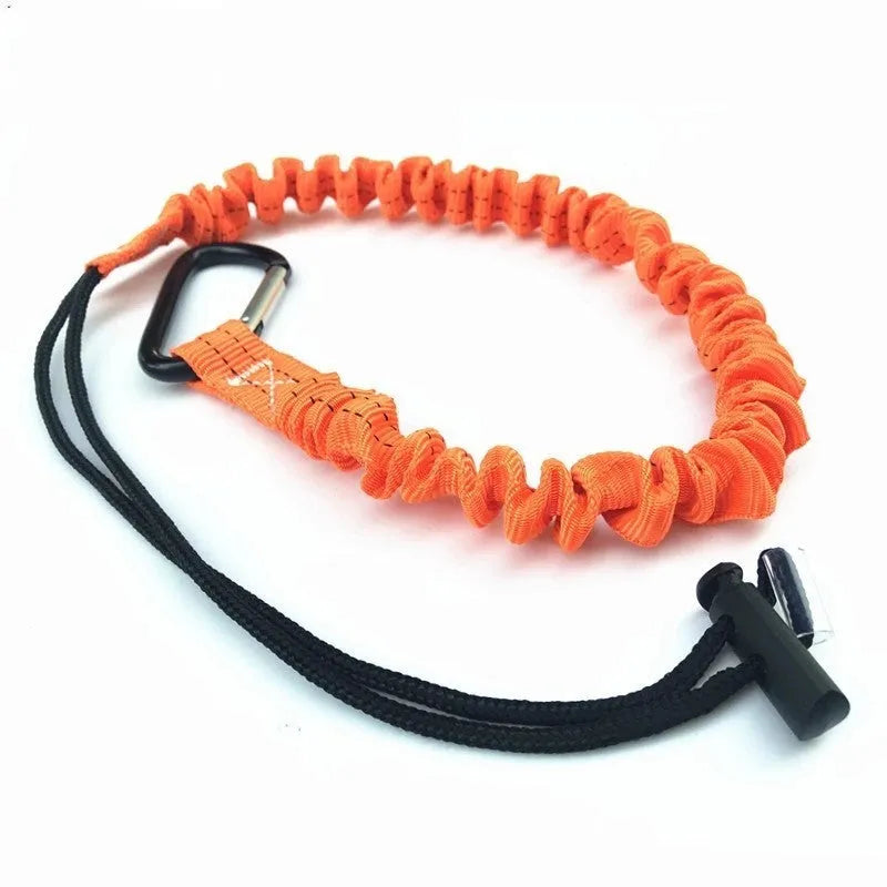 Orange fishing rod safety rope with 90cm length shown next to fishing reel
