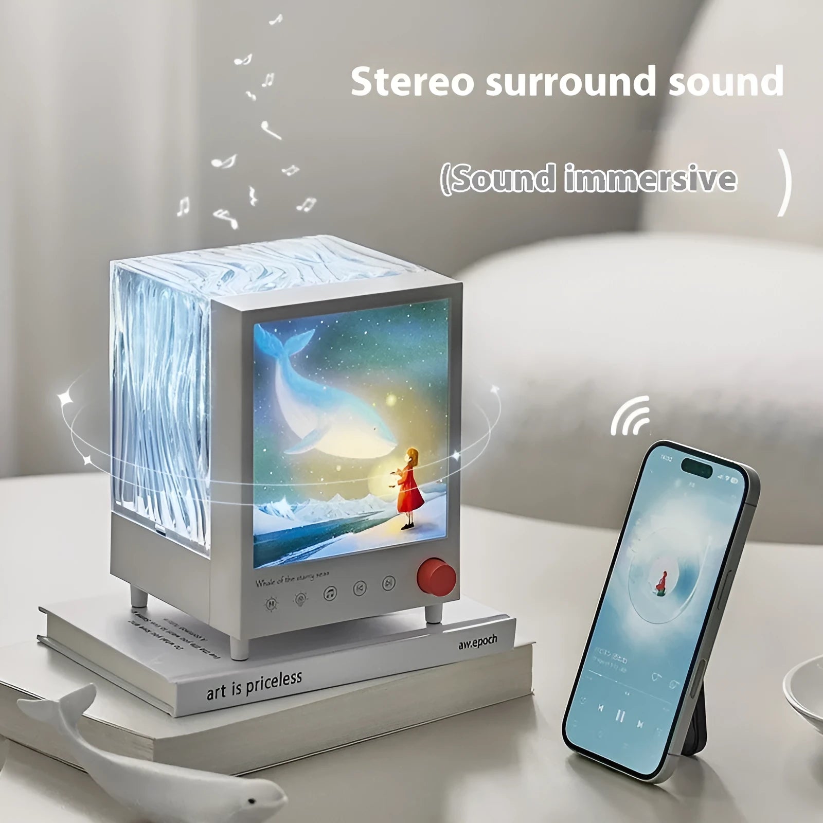 Aurora Treasure Box atmosphere projection lamp with Star Sea Whale light and Bluetooth speaker, showing dimensions.