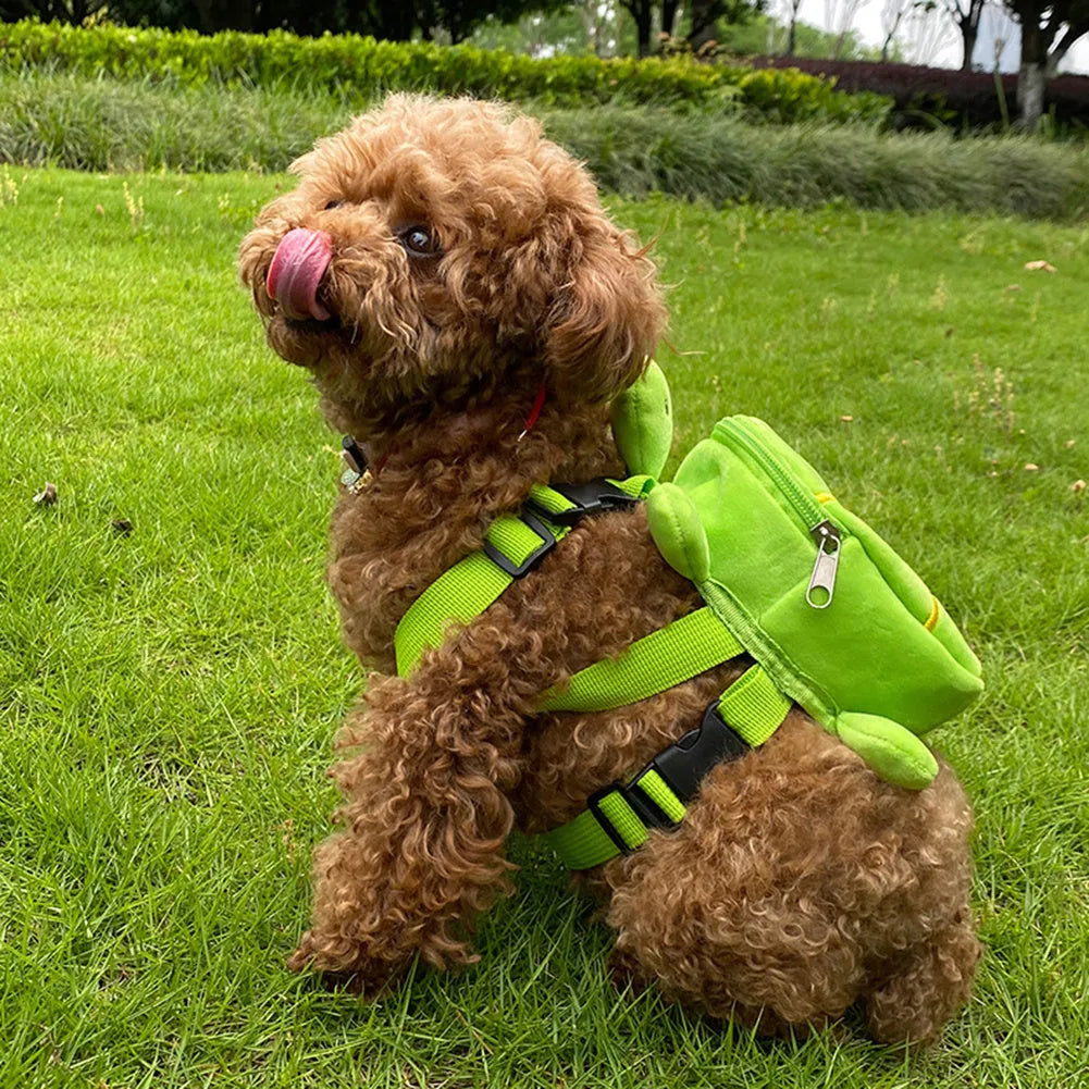 Turtle-shaped dog backpack harness vest with metal zipper in grey, green, brown, or light yellow colours