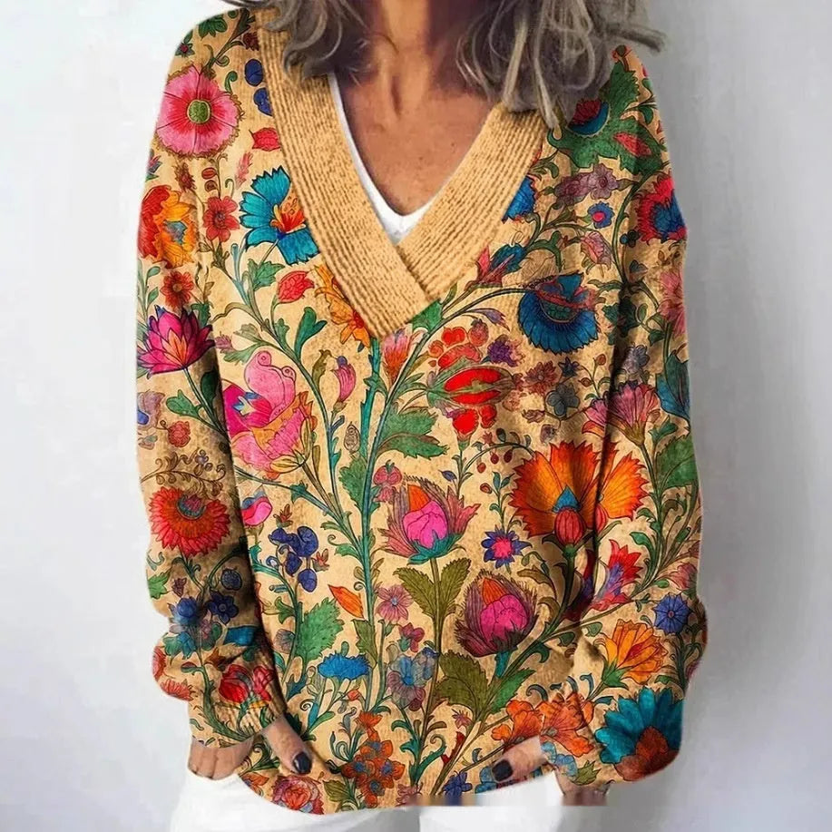 Women's V-neck long sleeve sweatshirt with a 3D floral art retro pattern in various colours